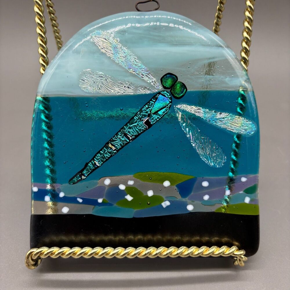Fused Art Glass Dragonfly Suncatcher Iridescent Window Panel Blue Handmade Decor